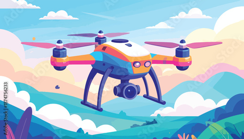 Colorful Drone with Camera Flying in the Sky.