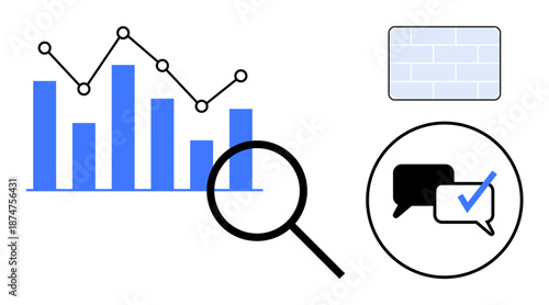 Bar graph, connected data points, magnifying glass, chat bubbles, checkmark, and grid pattern. Ideal for analytics, strategy, data communication teamwork collaboration research simple flat