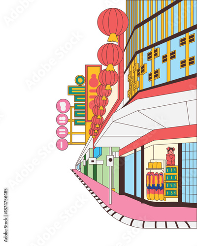 Charming Vietnam street scene featuring a local shop, red lanterns, and colorful signs, flat vector illustration of an Asian city corner with ample copy space for design