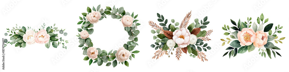 Fototapeta premium Hand painted flower crown, Floral arrangements featuring soft pink flowers and green foliage in various designs, perfect for decoration or artistic use.