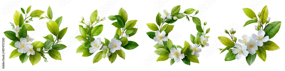 Obraz premium Hand painted flower crown, Four circular arrangements of green leaves and white flowers, showcasing a delicate and natural aesthetic.