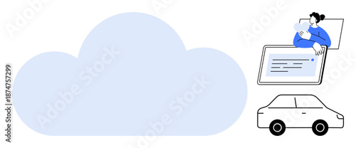Cloud computing. Cloud graphic online storage and technology. Person using touchscreen and connected car reinforce cloud computing concepts. For technology, connectivity, automotives, IoT