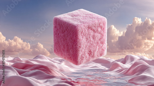 A pink cube floats above rippling pink fabric under a serene blue sky with white clouds