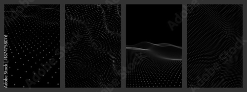Grid of white dots forming abstract waves on black background. Digital data visualization, dynamic texture element for technology design.