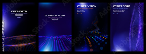 Four tech digital vector backgrounds with deep data, quantum flow, cyber vision, and cybercore concepts for modern technology applications