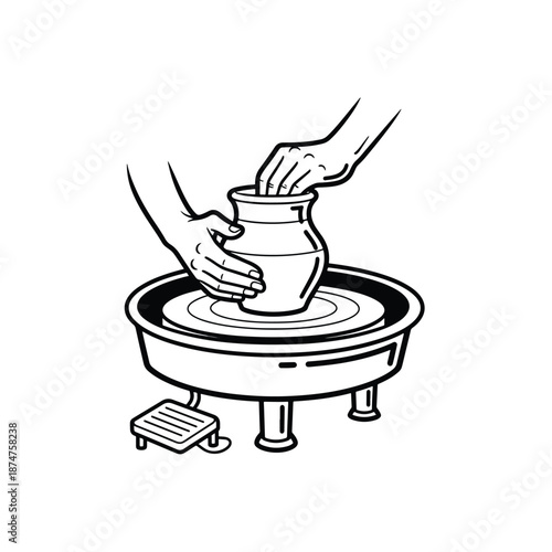 Artisan Hands Crafting Clay Pot on Pottery Wheel, Traditional Craft Activity Vector