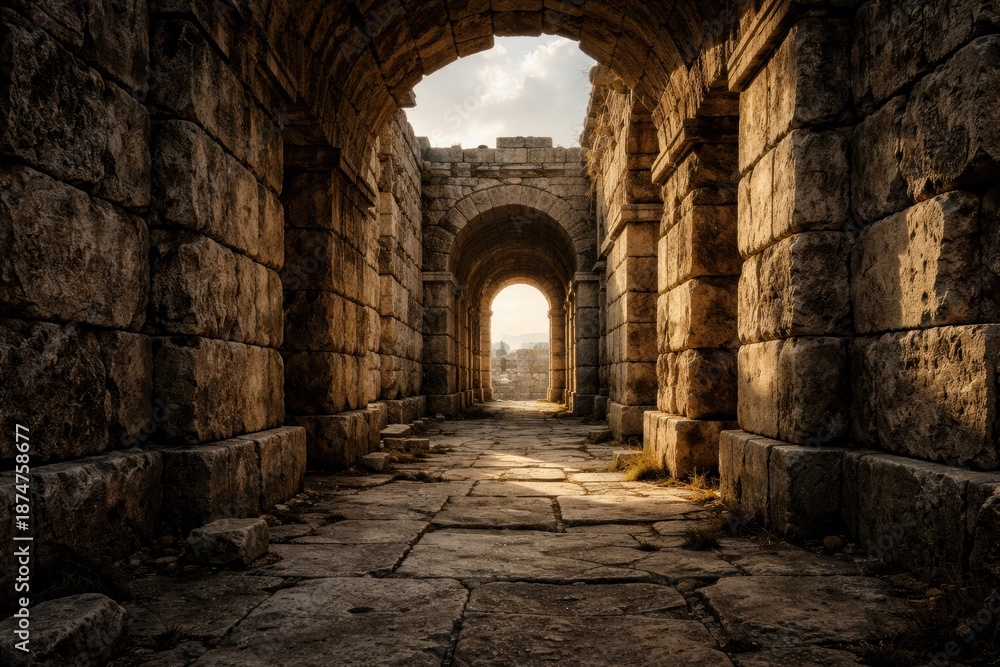 Obraz premium Sunlight filters through ancient stone arches, highlighting the path and hills in the background.