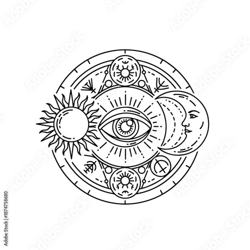 Mystical Cosmic Harmony: All-Seeing Eye, Sun, and Moon in Abstract Mandala Line Art
