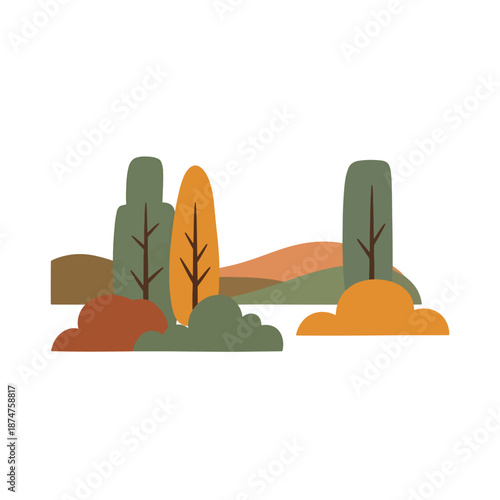 Autumnal forest illustration with stylized trees and rolling hills in a natural landscape setting