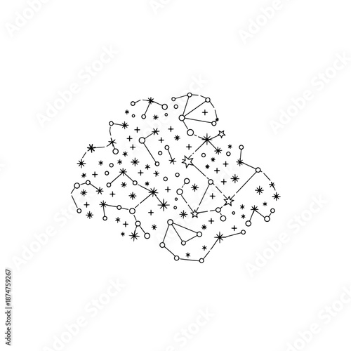 Stylized celestial map with star constellations, dots, and lines forming an abstract pattern