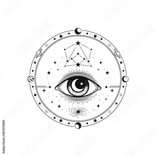 Esoteric Cosmic Eye Illustration with Celestial Orbits, Stars, and Astrological Symbols