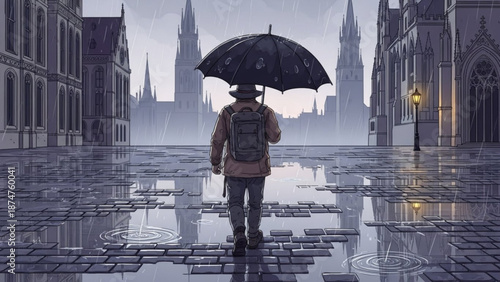 A lone traveler walks down a wet cobblestone street on a rainy day with an umbrella in a european city with gothic architecture with alone