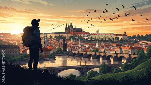 A lone traveler with a backpack stands on a hill overlooking a serene cityscape with a river and bridge at sunset with birds flying