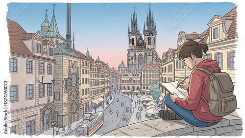 Young woman tourist sitting on ledge overlooking historic european cityscape with gothic church and old buildings while reading with sunset