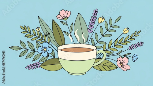 A light green tea cup surrounded by colorful flowers and leaves on a blue background for a refreshing morning or afternoon beverage with 标志