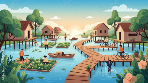 Illustration of a serene floating village with wooden walkways houses and people engaging in daily activities on a sunny day with peaceful