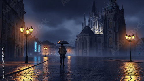 A lone figure walks down a dimly lit cobblestone street on a rainy night with a historic church and buildings in the background