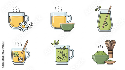 Illustration of various tea cups and green tea preparations with flowers and utensils with mug and beverage and healthy and wellness
