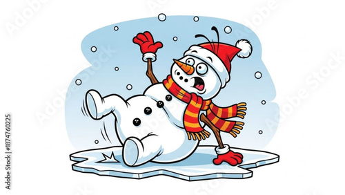 A cartoon snowman wearing a red and yellow scarf and hat falls over on a melting ice patch during winter with a shocked expression
