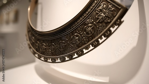 accuser. Polished steel gorget with etched patterns displayed in a museum showcase. event programs, museum guides, designed for cultural heritage projects and event programs.