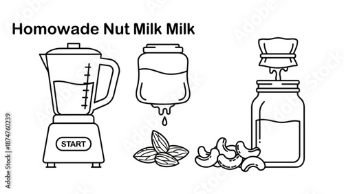 A detailed illustration of homemade nut milk preparation with a blender jar and ingredients with healthy and food and beverage with cooking