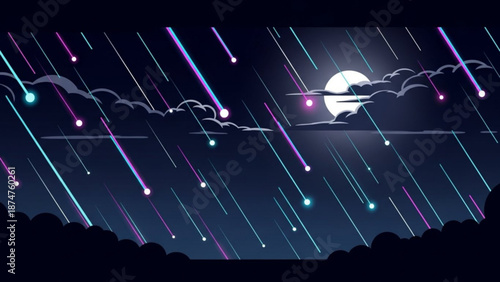 A vibrant digital illustration of a nighttime sky filled with colorful shooting stars and a bright full moon shining through fluffy