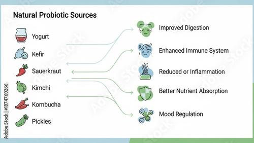 Natural probiotic sources infographic showing foods for improved digestion and health benefits with probiotics and wellness with nutrition