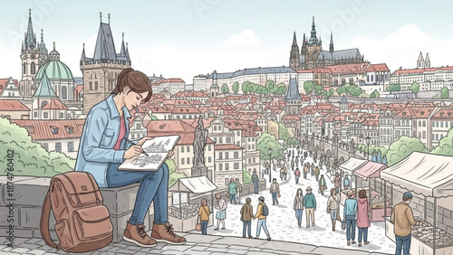 Young man sitting on a ledge drawing a sketch of a bustling city street with historic buildings and a cathedral in the background with art