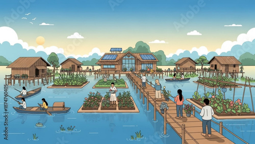 A serene floating garden community with people on a wooden walkway and boats on a sunny day with green plants and brown houses with vibrant