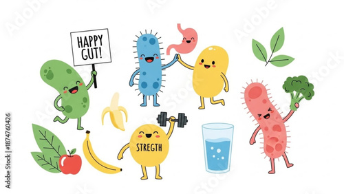 Colorful cartoon microbes promoting gut health with fruits vegetables and exercise with healthy lifestyle and microbiome with probiotics