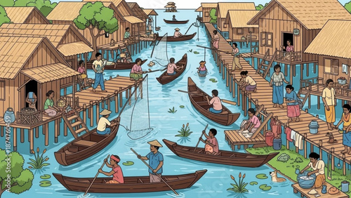A bustling river village with people in boats and on elevated walkways and houses with vibrant and waterway and community and rural