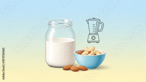 A glass jar of creamy non dairy milk alternative next to a bowl of mixed nuts and a blender icon on a soft gradient background with vegan