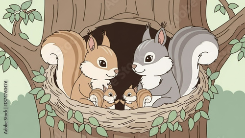 A mother squirrel and her three baby squirrels snuggled up in a cozy nest in a tree with a friendly gray squirrel beside them with wildlife