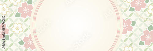 桜と七宝文様の和風背景フレーム｜上品な春デザイン（グリーン）横長  バナー カード web