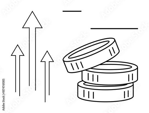 Financial growth, investment strategies, monetary goals, profit margins, market trends, business analysis. Stacked coins and upward arrows. Financial growth and investment strategies concept