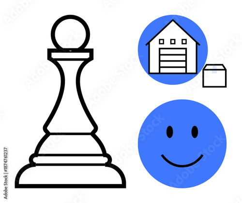 Business strategy concept. Chess pawn with warehouse and package for logistics, and a happy face for customer satisfaction. Business strategy involves logistics and customer focus. Topics management