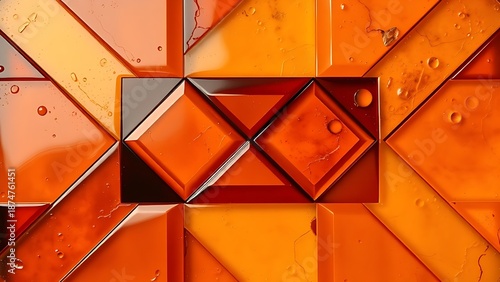 bakelite. Amber bakelite material with geometric patterns forming a retro design, abstract composition. product launch decks, UI/UX mockups, designed for product launches and innovation pitches.