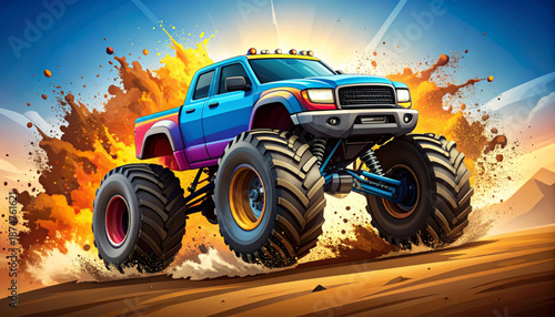 Colorful Monster Truck Vector Illustration with Dirt Explosion