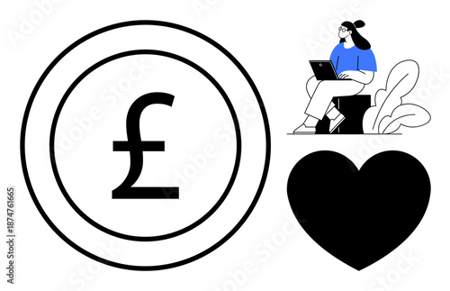 Currency concept. Features a British pound symbol, a heart shape, and a person working on a laptop. Currency, love, work-life balance, and modern digital concepts. For fintech e-commerce design