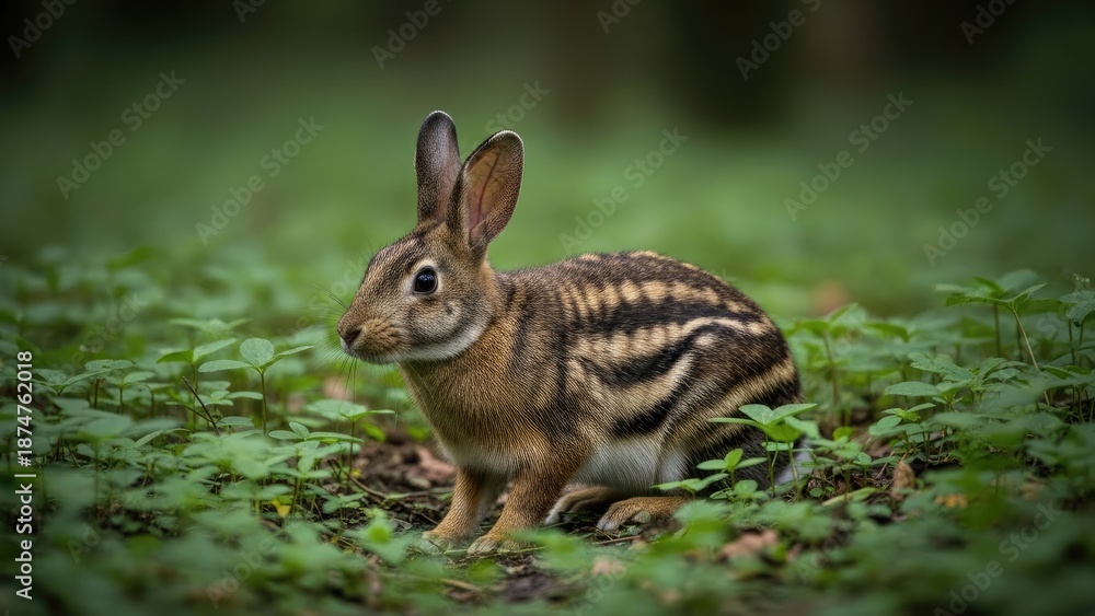 Fototapeta premium Wild Rabbit Sitting in Lush Green Forest Undergrowth