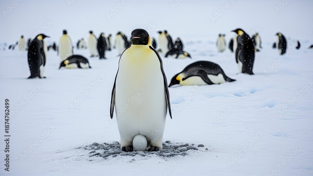 Obraz premium Emperor Penguin Parent Protecting Egg on Snowy Antarctic Ground