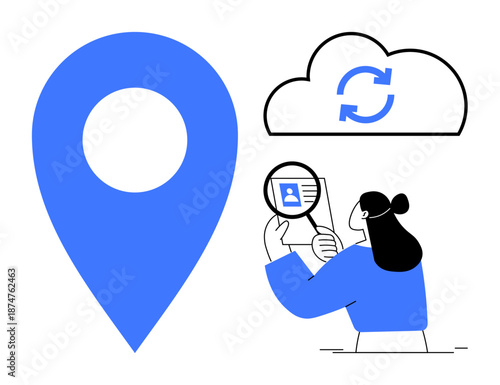 Geolocation concept. Geolocation ed by a location pin, user identity verification with magnifying glass, and cloud data synchronization. Useful for tech, geolocation, cloud storage, data management