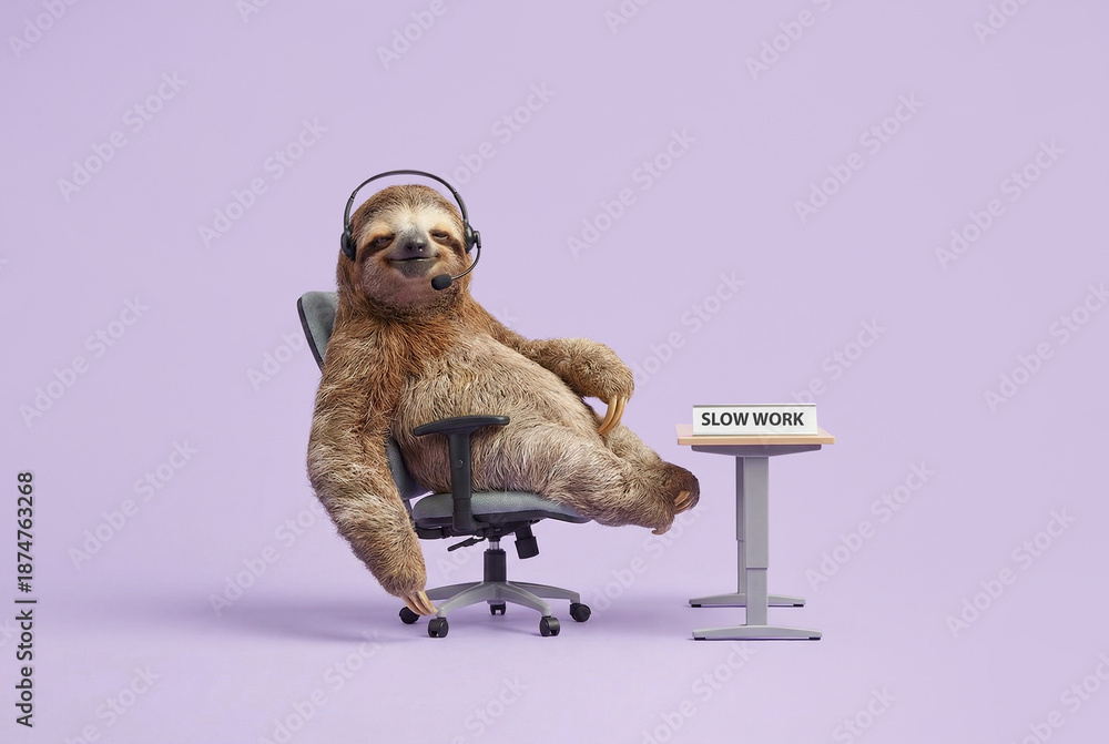 Fototapeta premium A relaxed sloth wearing a headset sits in an office chair next to a desk