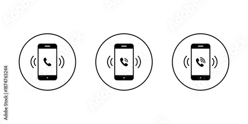 Incoming call icon set on smartphone screen. Ringing phone and cellphone vibration symbol in circular outline