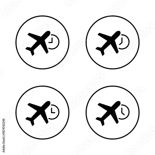 Airplane schedule icon set with clock symbol. Flight time, departure, and travel timetable sign in circular outline