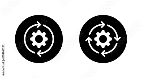 Gear reload icon with circular arrow. System update, process cycle, and settings symbol in black circle