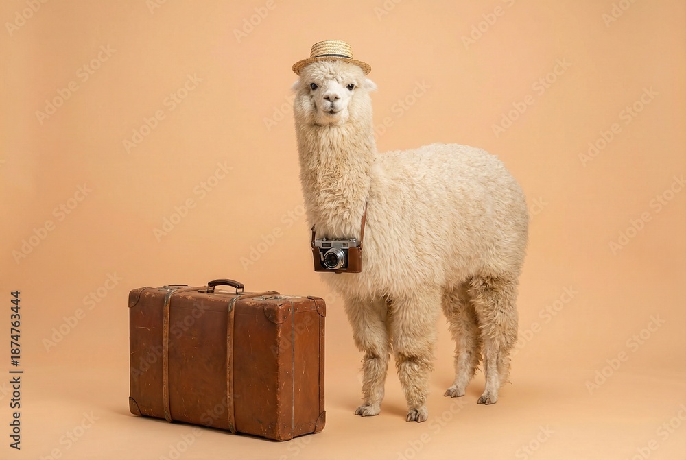 Fototapeta premium Alpaca with a straw hat and camera poses next to a vintage suitcase