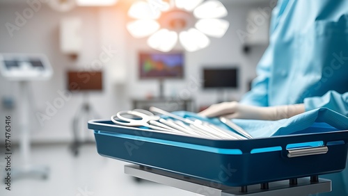 forceps. Modern surgical instruments tray in a clean medical environment with professional lighting. product launch decks, UI/UX mockups, designed for product launches and innovation pitches.