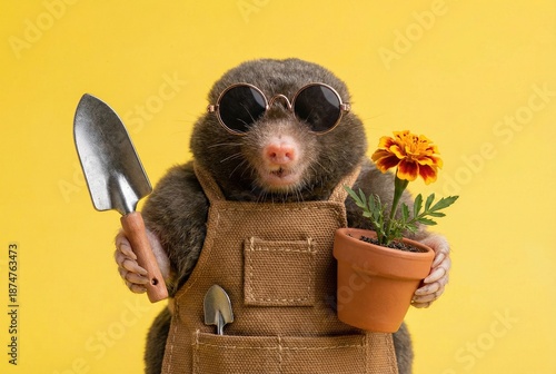 Cute mole wearing sunglasses and overalls holds a trowel and a potted marigold