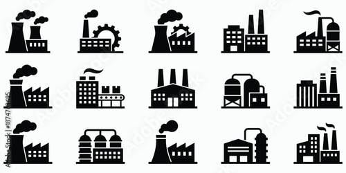 Assortment of black factory and industrial plant icons with smoke and gears industry manufacturing
